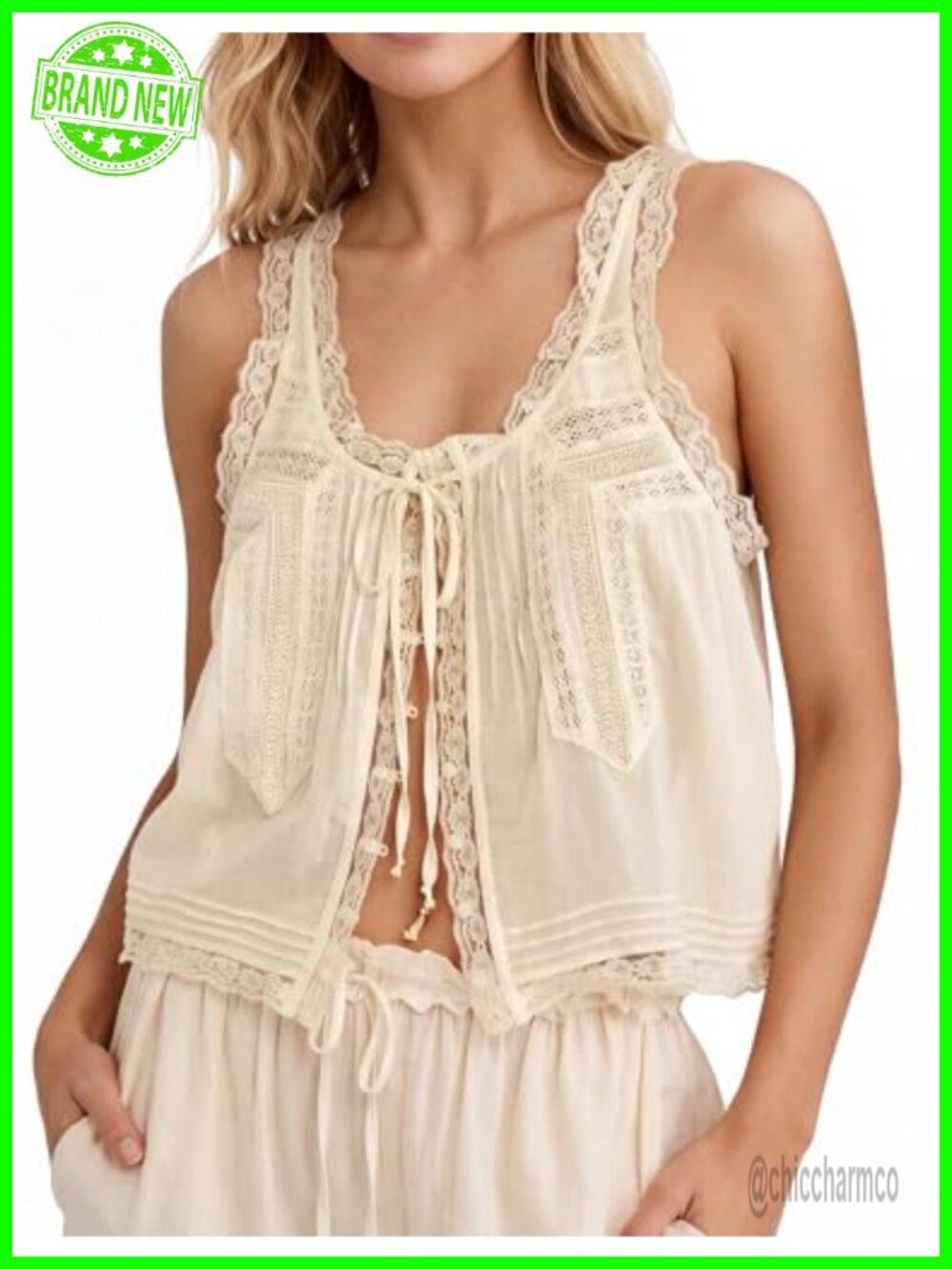 Boho Lace Tie Front Tank Top Sleeveless Cardigan Summer Beach Vacation